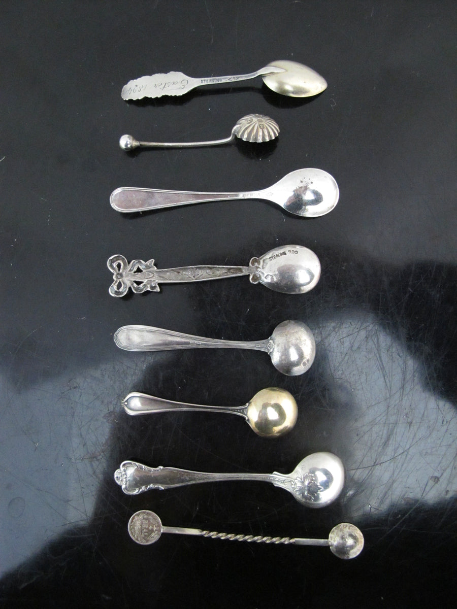 Set of 8 Eclectic, Crystal online Salt Cellars and Mixed Pattern Sterling Salt Spoons