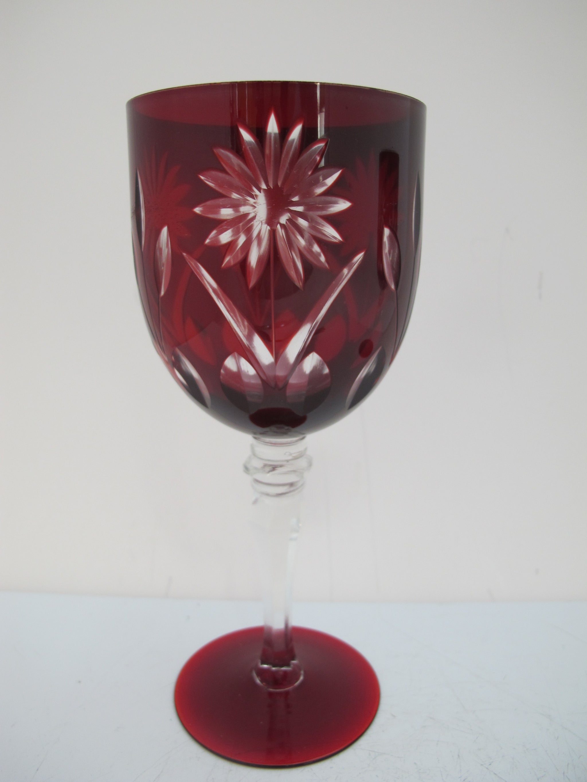 Vintage BOHEMIAN Ruby Red FLOWER Cut Crystal Glass 7 3/4\, image size:2048x2731