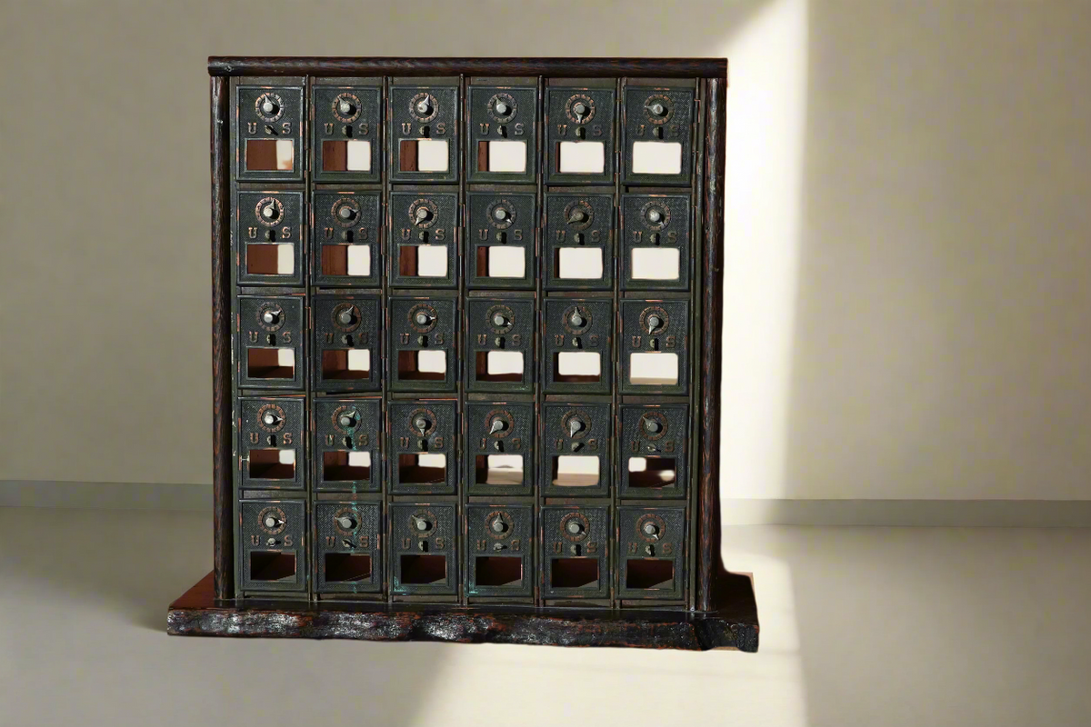 Antique Brass and Wood Post Office Cubby Boxes With Wood Frame and Bas ...