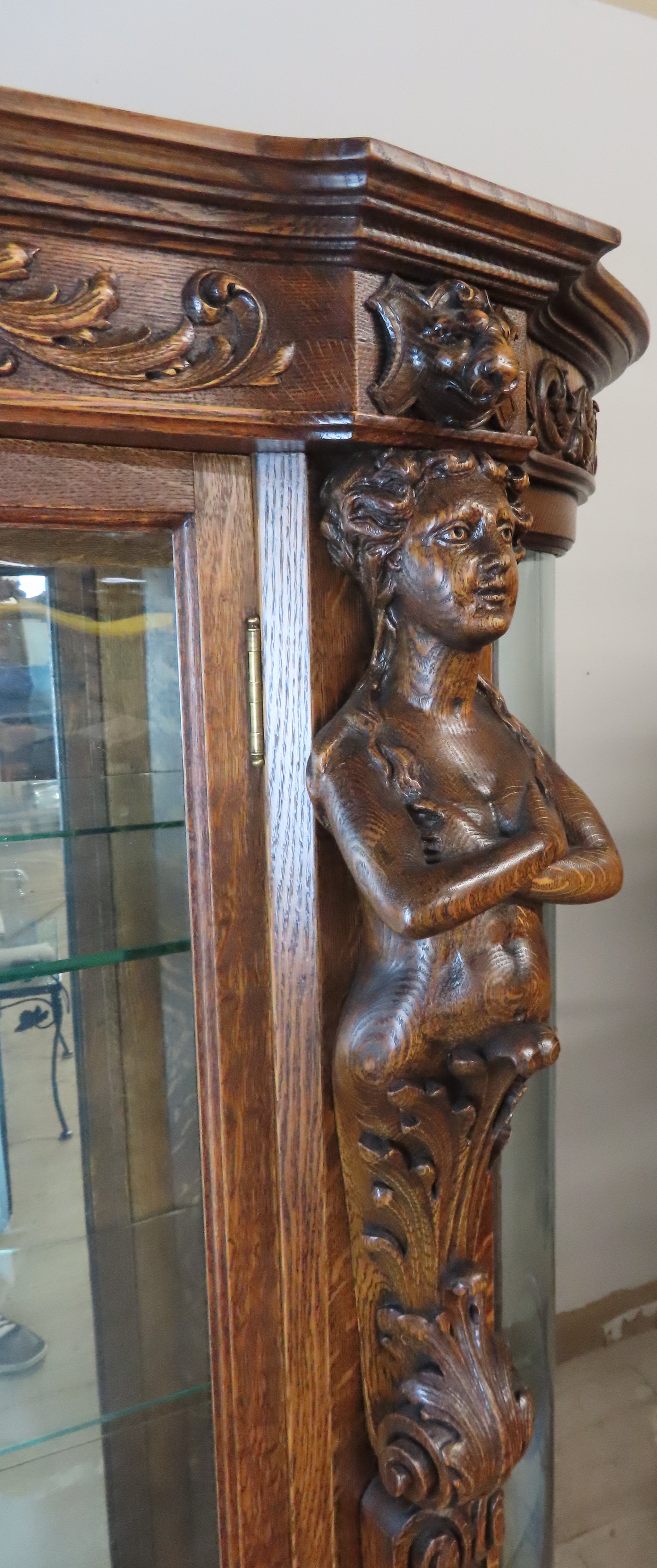 Antique Victorian R. J. Horner Carved Oak Bow Front China Cabinet