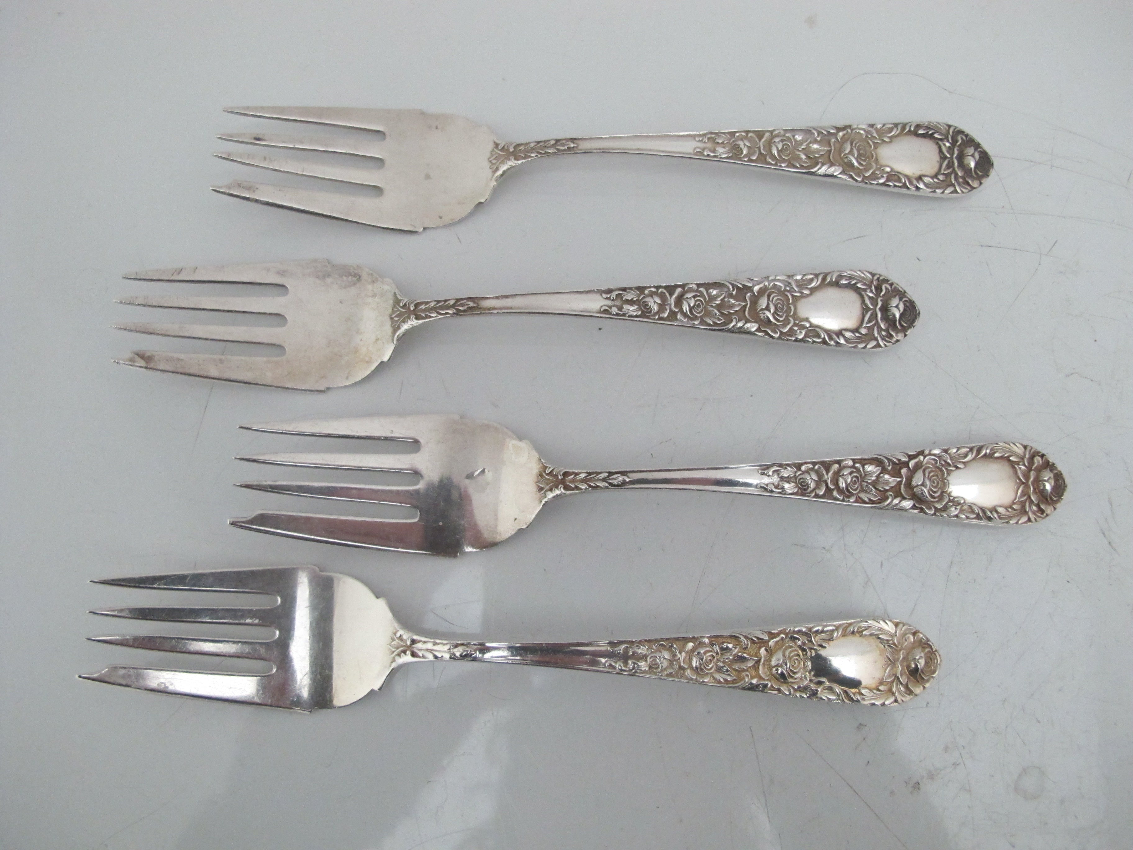 S Kirk Son Sterling Silver Rose Repousse Salad Fork Set of